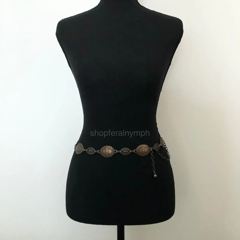Y2K Boho Antique Bronze Medallion Chain Belt, Fits 22–37.5 Inches, X7GA1174